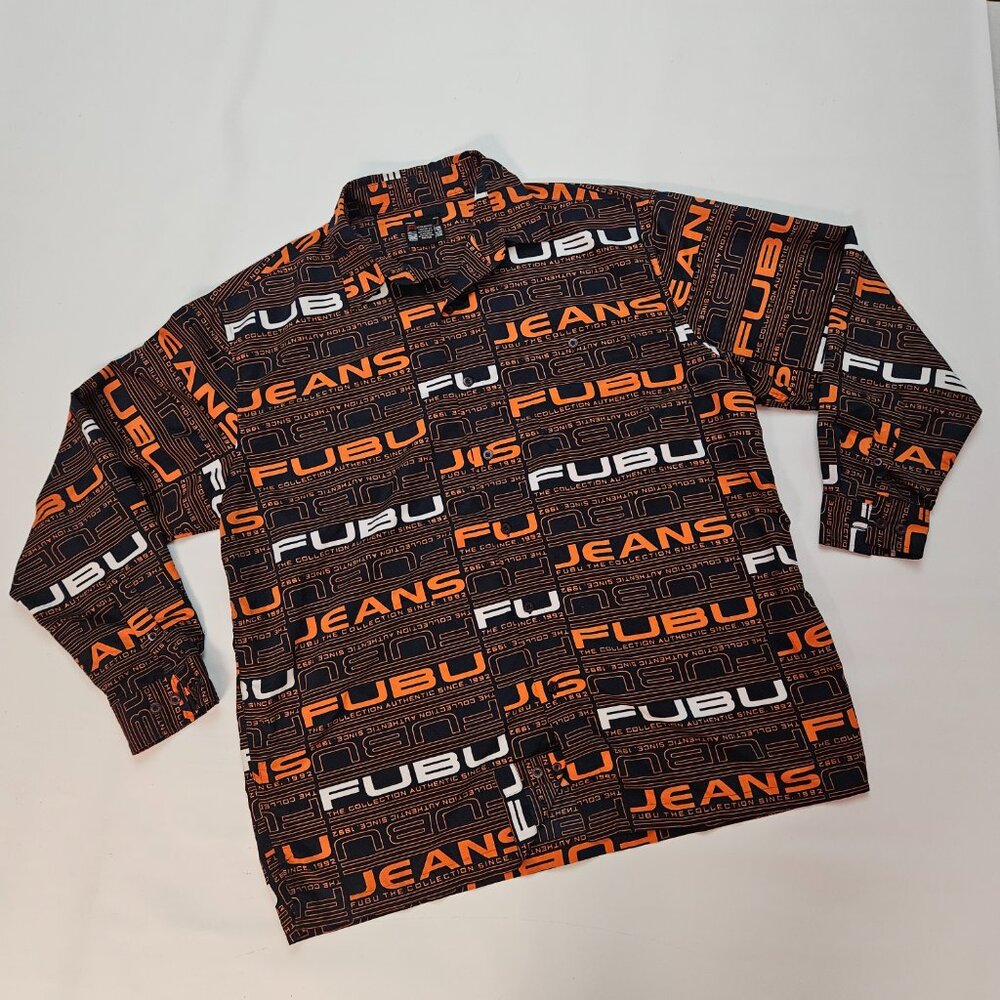 FUBU Shirt Collared Dress Shirt Black/Orange Vintage Men’s XXL